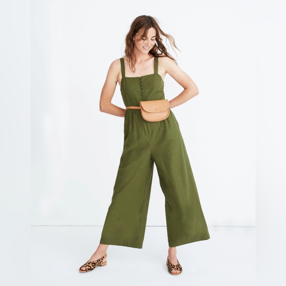 Madewell Linen Blend Button-Down Jumpsuit in Olive Green, size 2